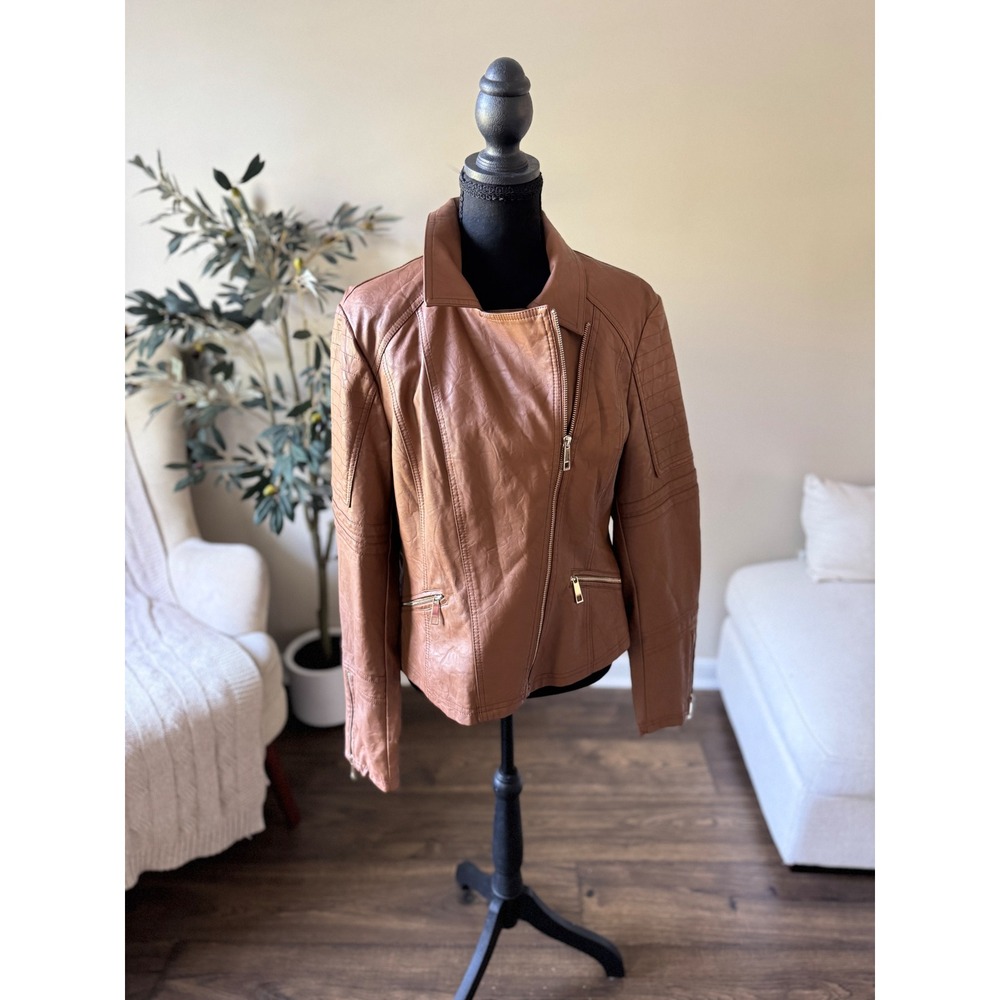 a.n.a A New Approach Cognac Brown Faux Leather Moto Biker Jacket Large